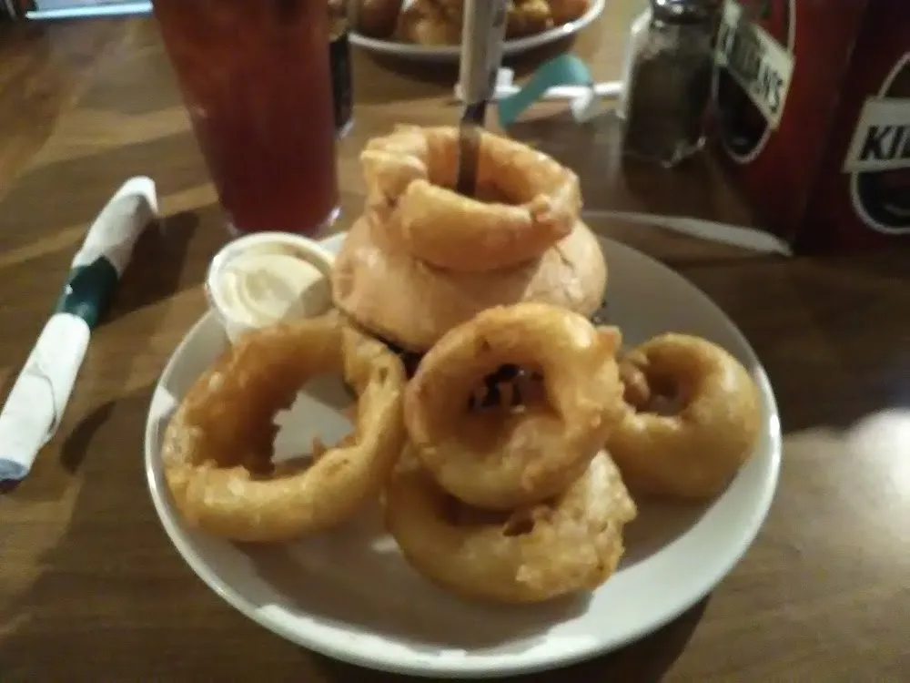 Mushroom Swiss Burger with Hand Made Onion Rings